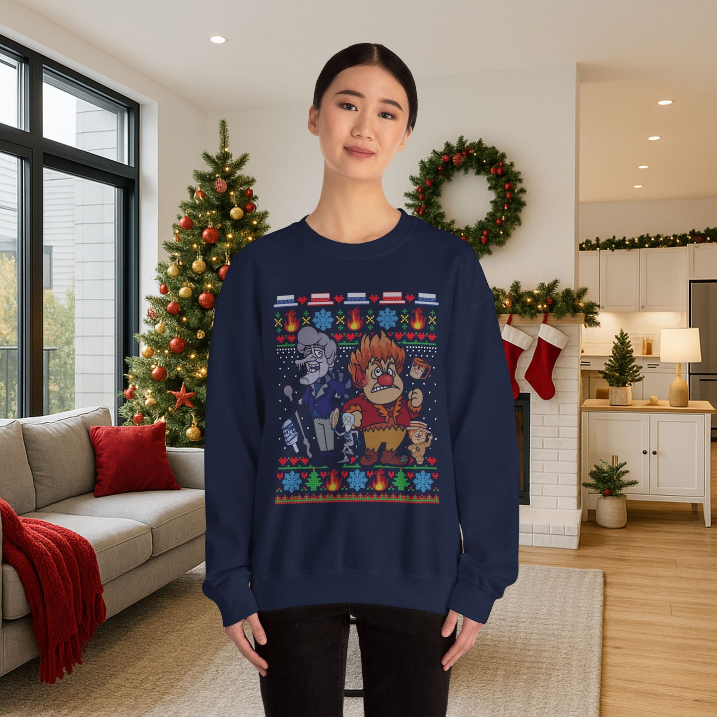 Fire & Snow Holiday Mischief Ugly Christmas Sweatshirt | Retro 70s Holiday Special Inspired Sweater | Geeky Christmas Unisex Crewneck