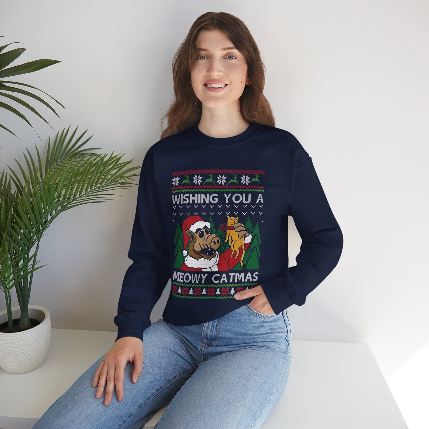 ALF Meowy Catmas Ugly Christmas Sweatshirt | 80s Alien Sitcom Cat Lover Sweater | Retro TV Fan Art