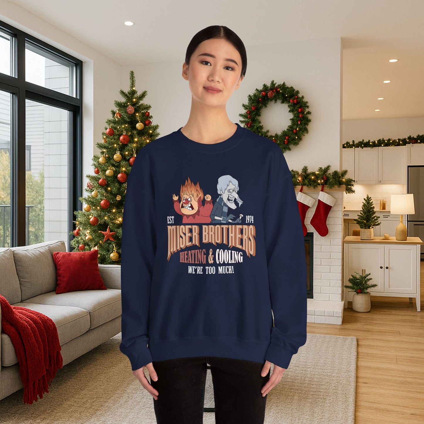 Miser Brothers Heating and Cooling Sweatshirt | Two-Tone Logo | Heat Miser and Snow Miser Christmas Crewneck