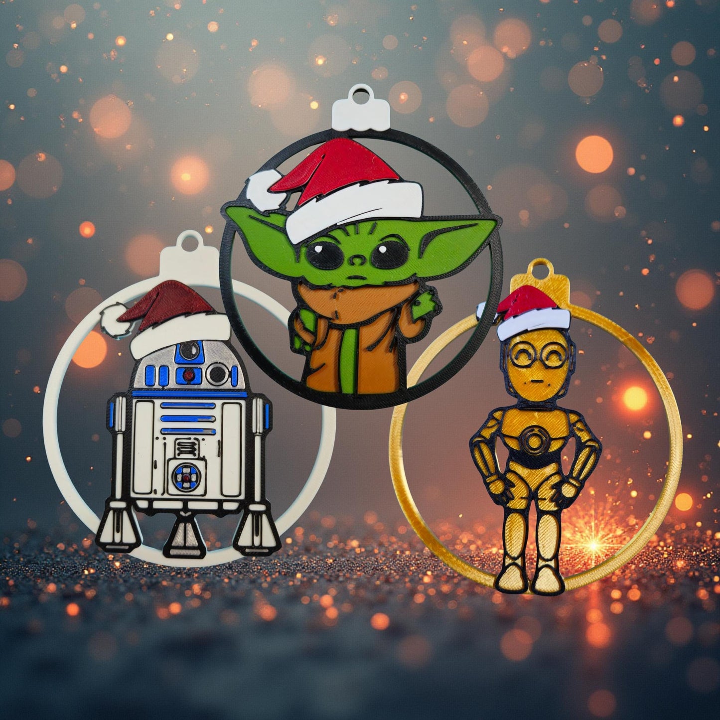 Galaxy Sprout & Droid Trio Christmas Ornament 3-Pack | Galactic Holiday 3D Printed Set