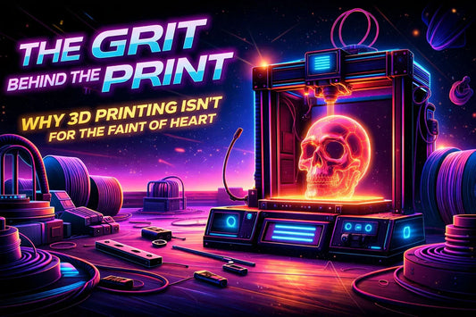 The Grit Behind the Print: Why 3D printing isn't for the faint of heart. Image with a 3D printer, printing a skull. All in neon colors.