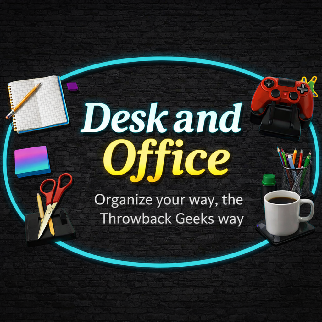 Desk and Office neon category banner on dark brick wall with blue neon frame, “Desk and Office” text, tagline “Organize your way, the Throwback Geeks way,” plus notebook, sticky notes, pen cup, mug, scissors, and controller stand.