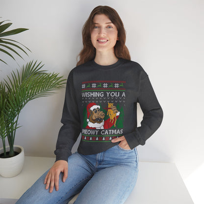 ALF Meowy Catmas Ugly Christmas Sweatshirt | 80s Alien Sitcom Cat Lover Sweater | Retro TV Fan Art