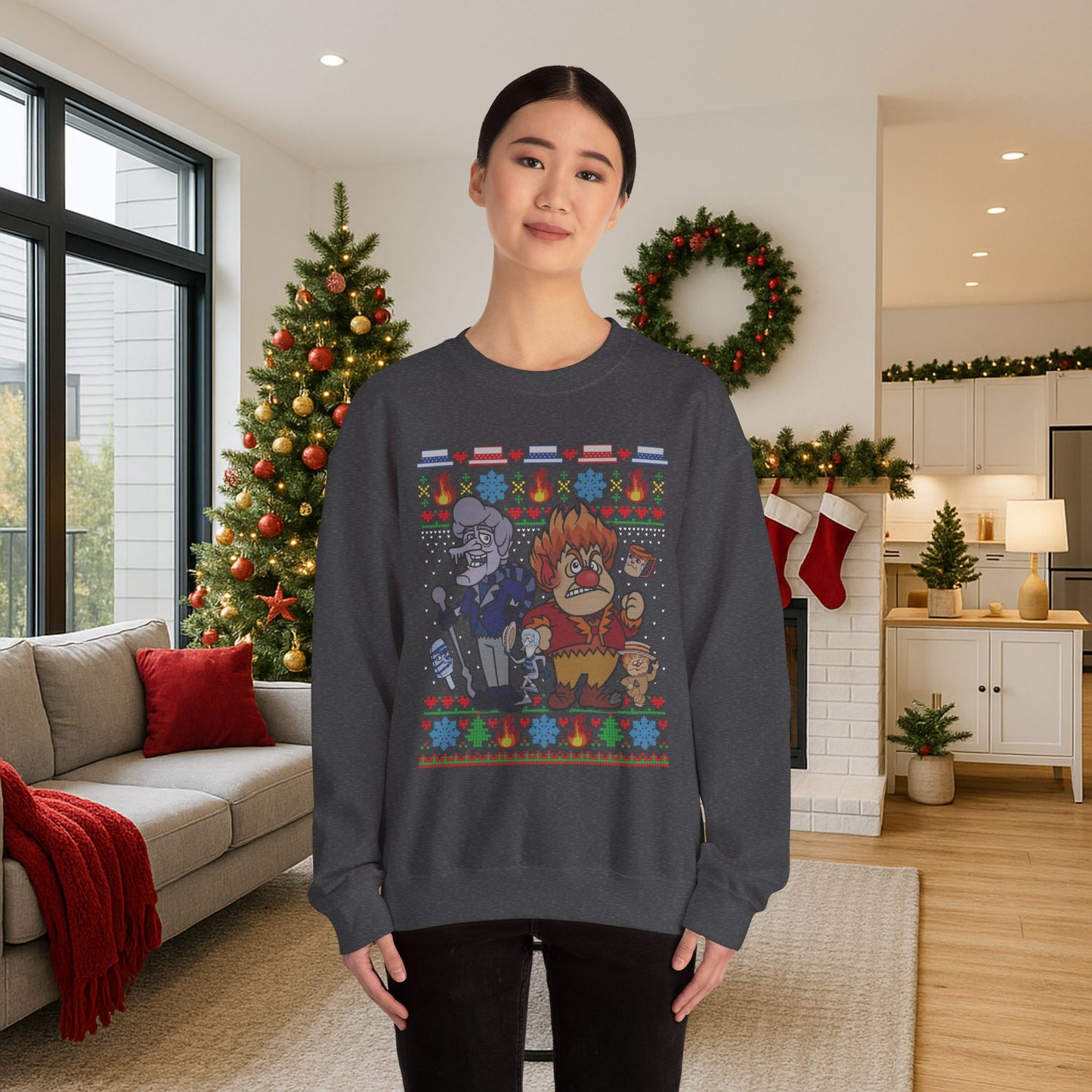 Fire & Snow Holiday Mischief Ugly Christmas Sweatshirt | Retro 70s Holiday Special Inspired Sweater | Geeky Christmas Unisex Crewneck
