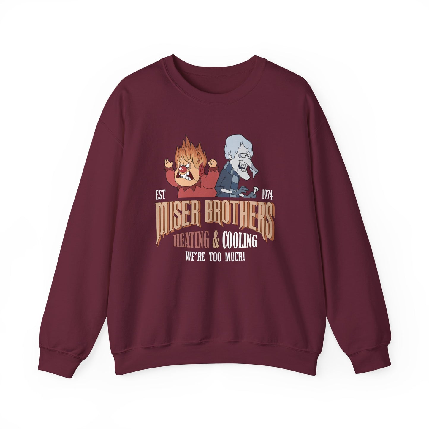 Miser Brothers Heating and Cooling Sweatshirt | Two-Tone Logo | Heat Miser and Snow Miser Christmas Crewneck