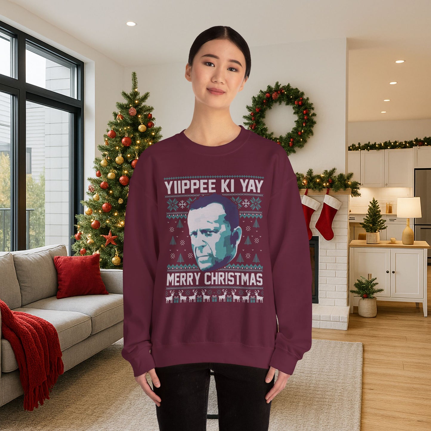 Yippee Ki Yay Merry Christmas Sweatshirt | Die Hard Inspired Ugly Christmas Sweater | Retro Action Movie Crewneck