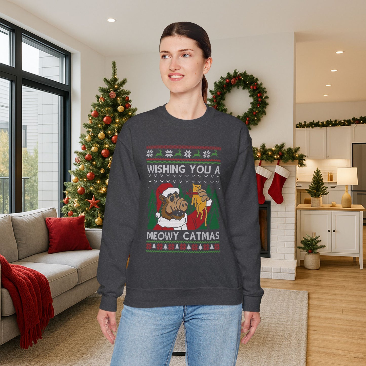 ALF Meowy Catmas Ugly Christmas Sweatshirt | 80s Alien Sitcom Cat Lover Sweater | Retro TV Fan Art