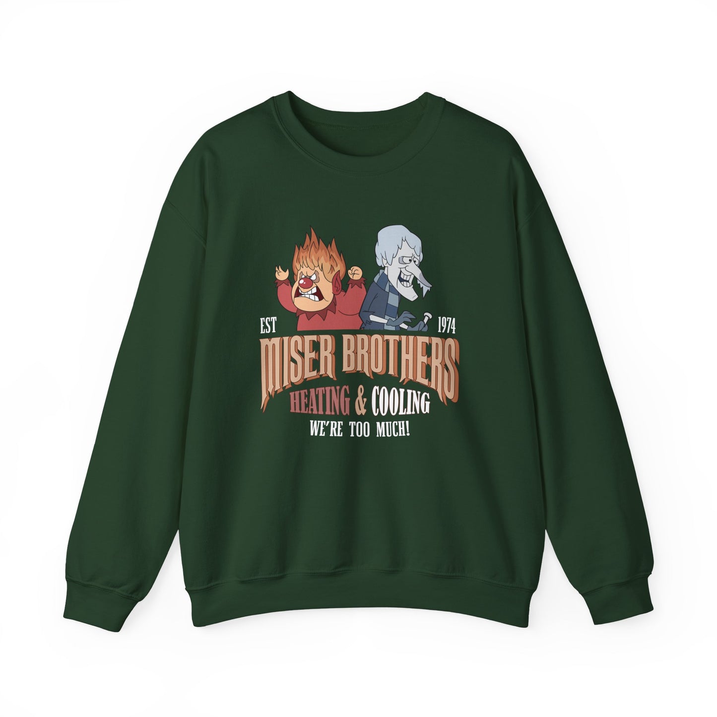 Miser Brothers Heating and Cooling Sweatshirt | Two-Tone Logo | Heat Miser and Snow Miser Christmas Crewneck