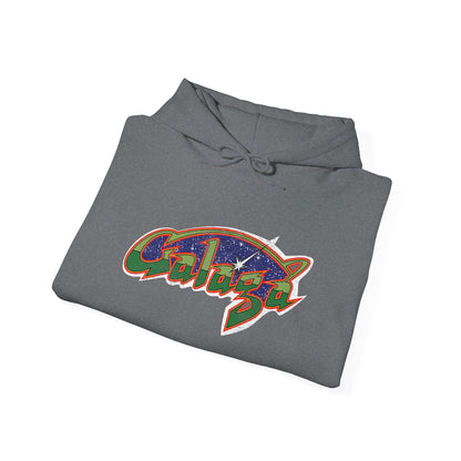 Retro Galaxy Arcade Logo Hoodie | 80s Space Shooter Gamer Sweatshirt | Aged and Worn Design | Unisex Pullover