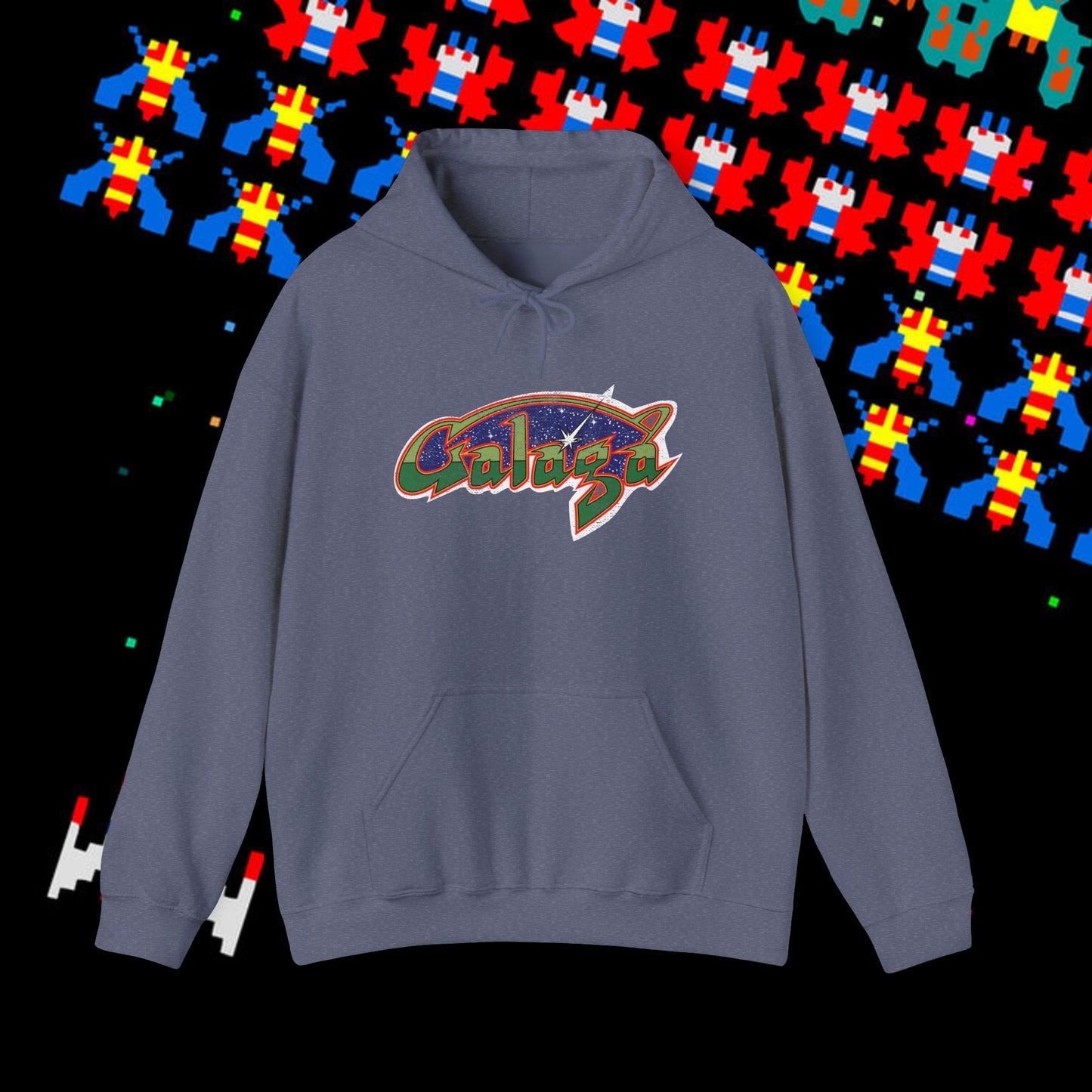 Retro Galaxy Arcade Logo Hoodie | 80s Space Shooter Gamer Sweatshirt | Aged and Worn Design | Unisex Pullover