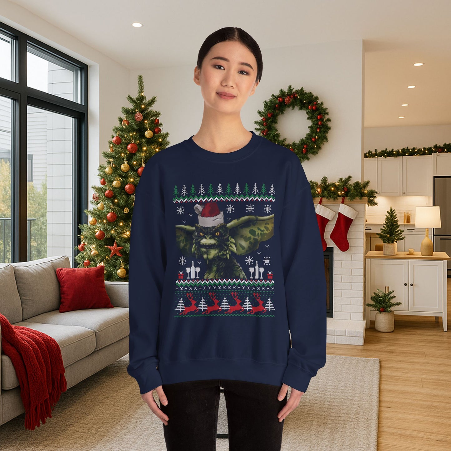 Gremlins Stripe Ugly Christmas Sweatshirt | Stripe Gremlin Santa Hat Holiday Sweater | Retro Creature Movie Top