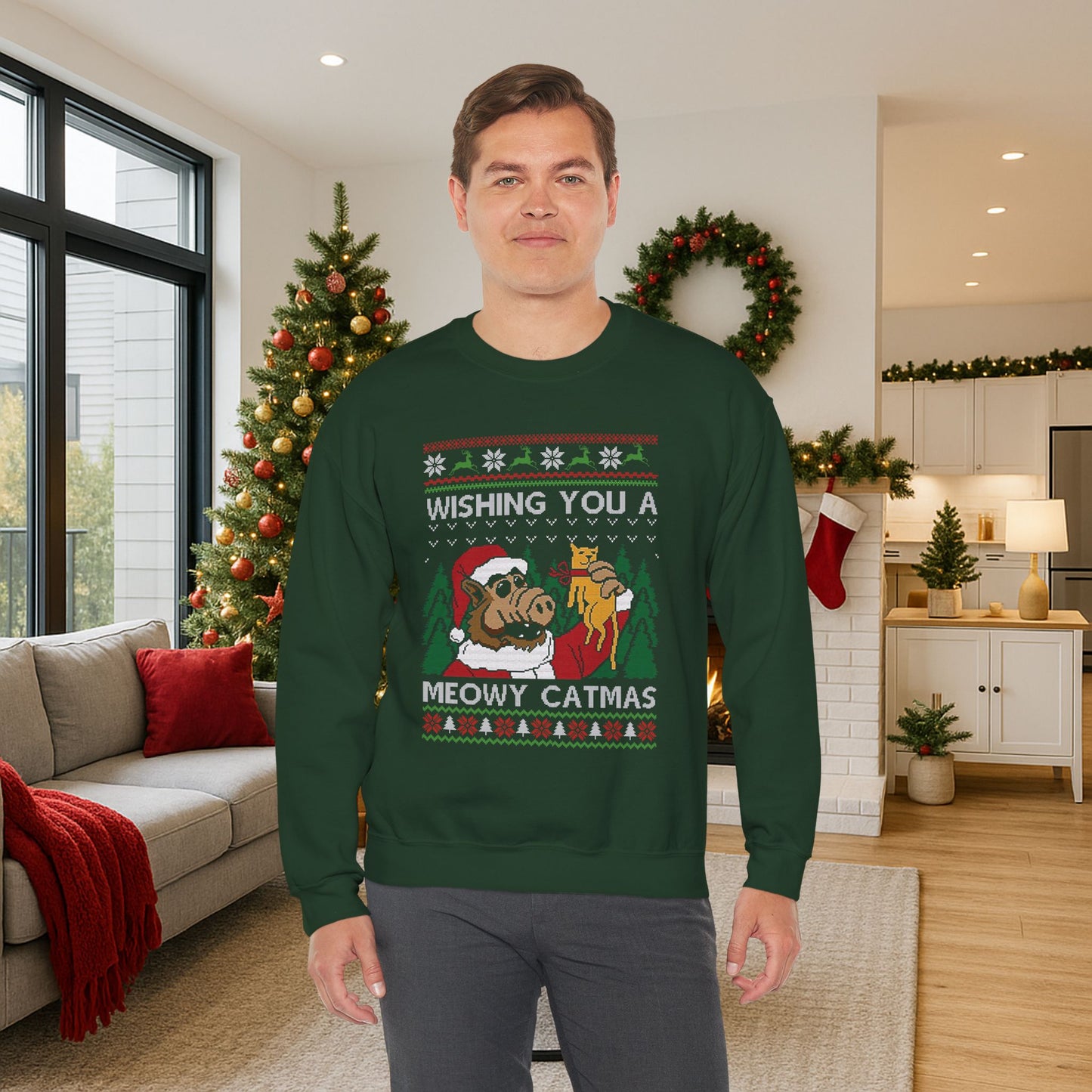 ALF Meowy Catmas Ugly Christmas Sweatshirt | 80s Alien Sitcom Cat Lover Sweater | Retro TV Fan Art