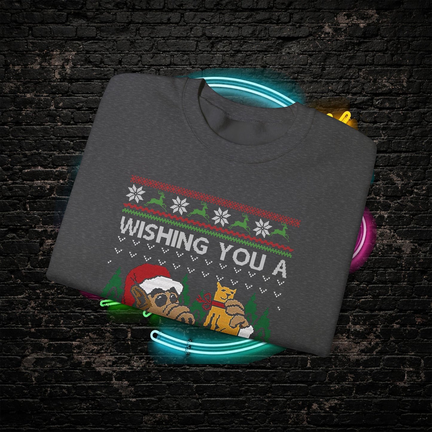 ALF Meowy Catmas Ugly Christmas Sweatshirt | 80s Alien Sitcom Cat Lover Sweater | Retro TV Fan Art