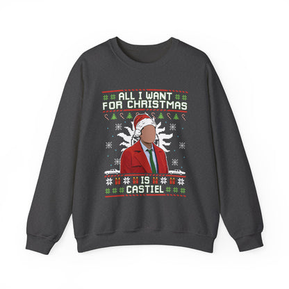 All I Want For Christmas Is Castiel Sweatshirt | Supernatural Angel Ugly Christmas Sweater | Castiel Holiday Top
