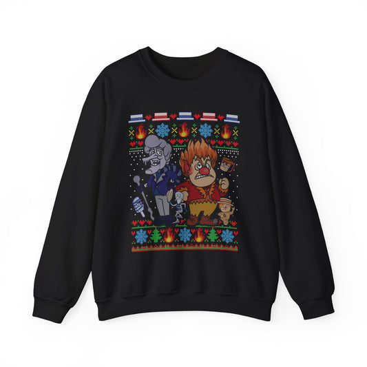 Fire & Snow Holiday Mischief Ugly Christmas Sweatshirt | Retro 70s Holiday Special Inspired Sweater | Geeky Christmas Unisex Crewneck