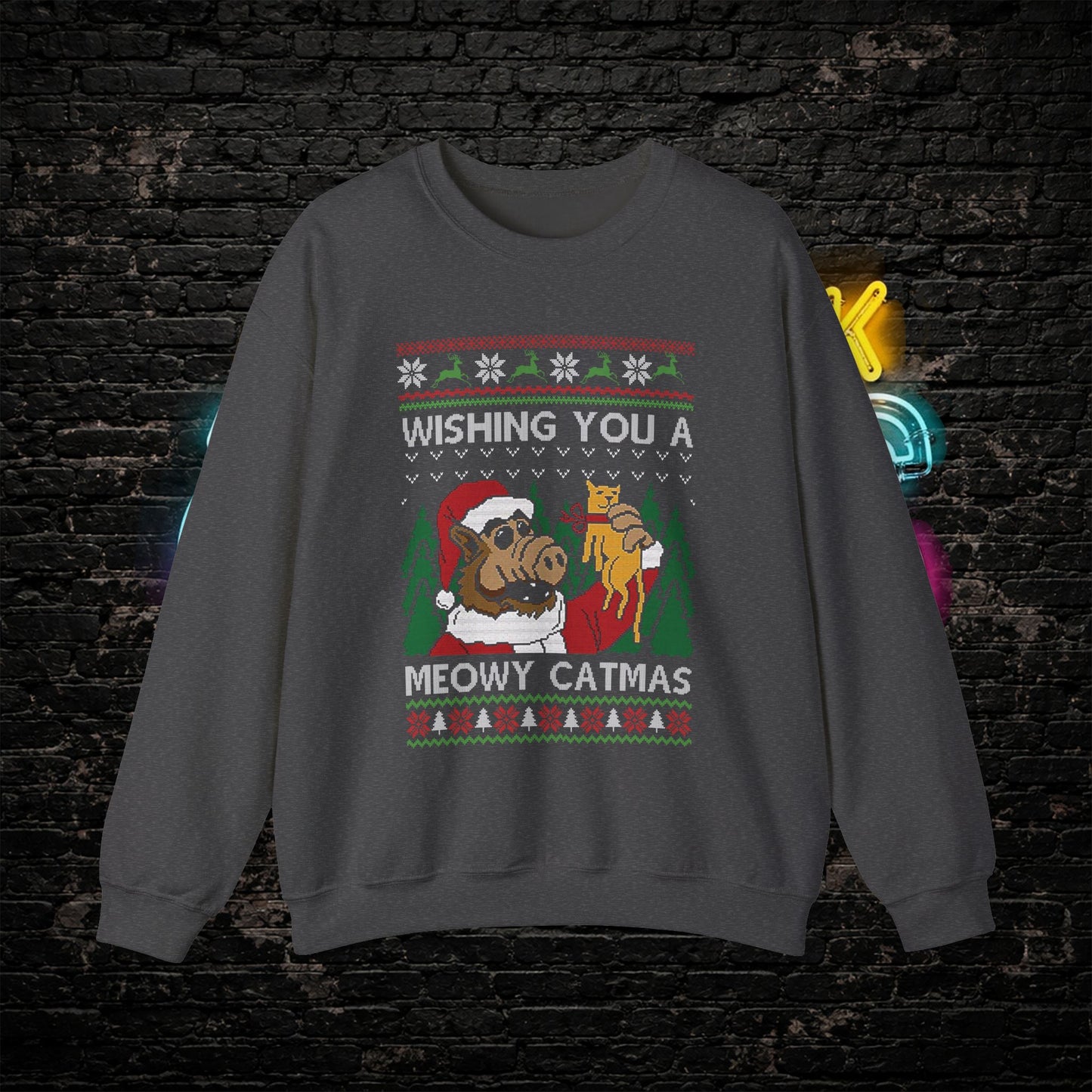 ALF Meowy Catmas Ugly Christmas Sweatshirt | 80s Alien Sitcom Cat Lover Sweater | Retro TV Fan Art