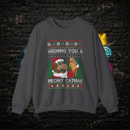 ALF Meowy Catmas Ugly Christmas Sweatshirt | 80s Alien Sitcom Cat Lover Sweater | Retro TV Fan Art