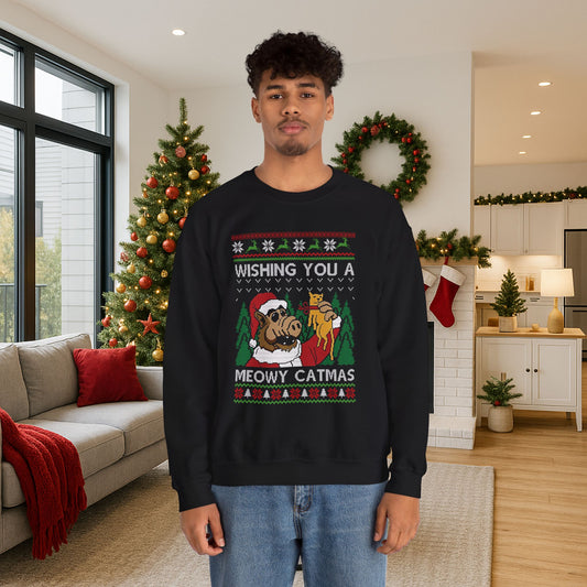 ALF Meowy Catmas Ugly Christmas Sweatshirt | 80s Alien Sitcom Cat Lover Sweater | Retro TV Fan Art