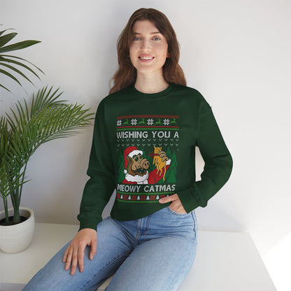 ALF Meowy Catmas Ugly Christmas Sweatshirt | 80s Alien Sitcom Cat Lover Sweater | Retro TV Fan Art