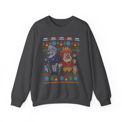 Fire & Snow Holiday Mischief Ugly Christmas Sweatshirt | Retro 70s Holiday Special Inspired Sweater | Geeky Christmas Unisex Crewneck