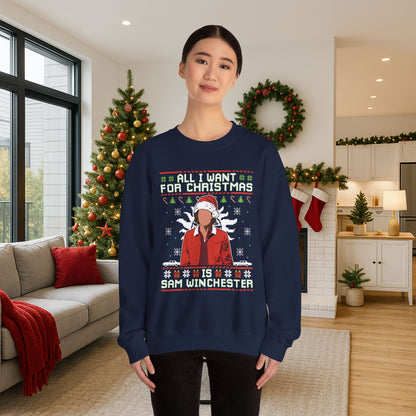 All I Want For Christmas Is Sam Winchester Sweatshirt | Supernatural Ugly Christmas Sweater | Sam Winchester Holiday Top