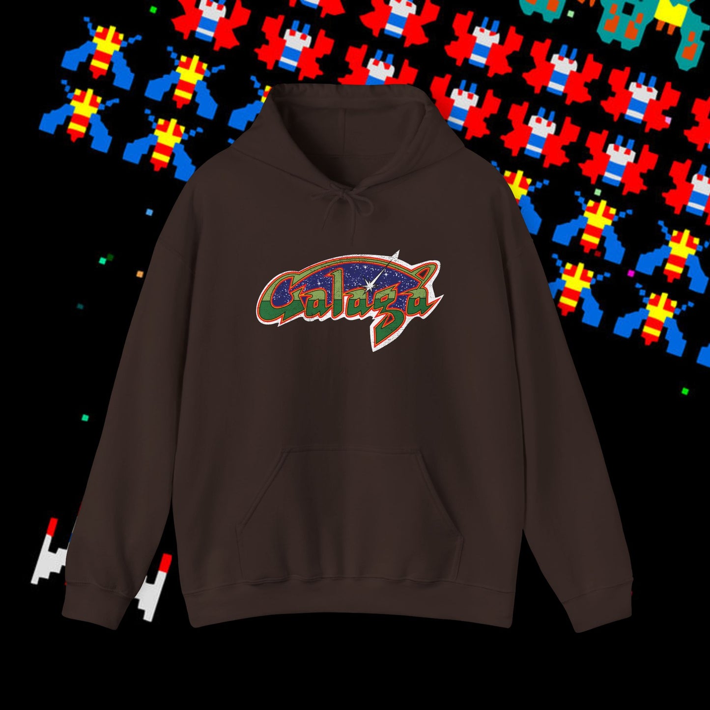 Retro Galaxy Arcade Logo Hoodie | 80s Space Shooter Gamer Sweatshirt | Aged and Worn Design | Unisex Pullover