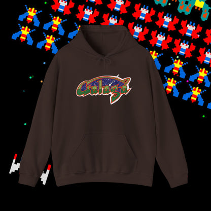 Retro Galaxy Arcade Logo Hoodie | 80s Space Shooter Gamer Sweatshirt | Aged and Worn Design | Unisex Pullover
