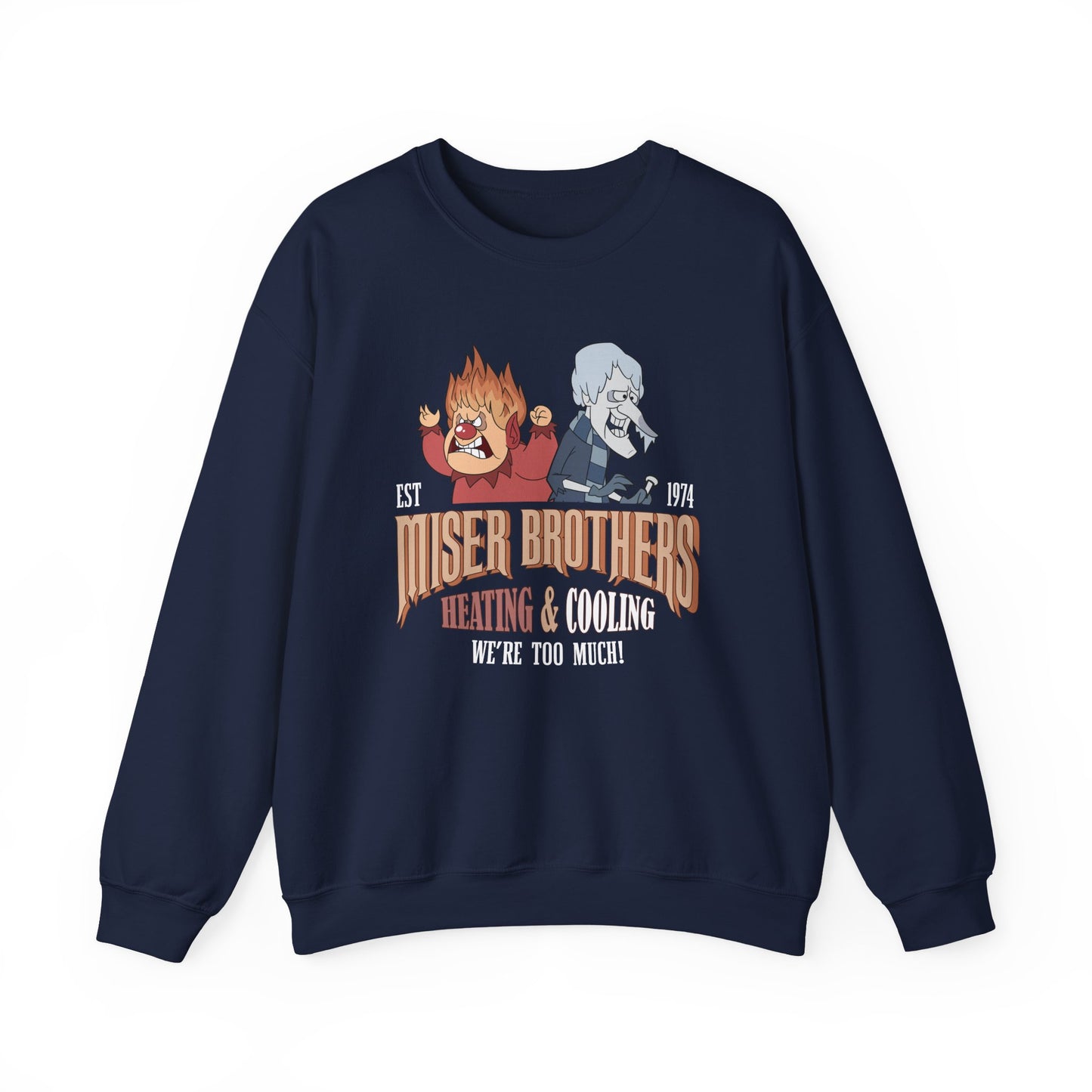 Miser Brothers Heating and Cooling Sweatshirt | Two-Tone Logo | Heat Miser and Snow Miser Christmas Crewneck
