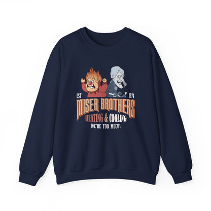 Miser Brothers Heating and Cooling Sweatshirt | Two-Tone Logo | Heat Miser and Snow Miser Christmas Crewneck