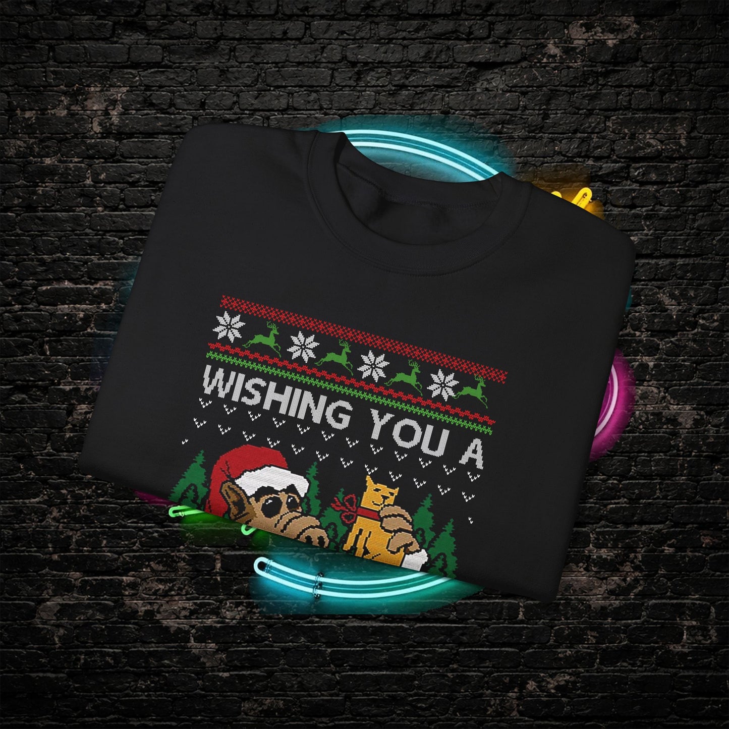 ALF Meowy Catmas Ugly Christmas Sweatshirt | 80s Alien Sitcom Cat Lover Sweater | Retro TV Fan Art
