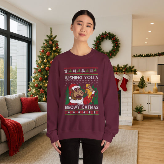 ALF Meowy Catmas Ugly Christmas Sweatshirt | 80s Alien Sitcom Cat Lover Sweater | Retro TV Fan Art