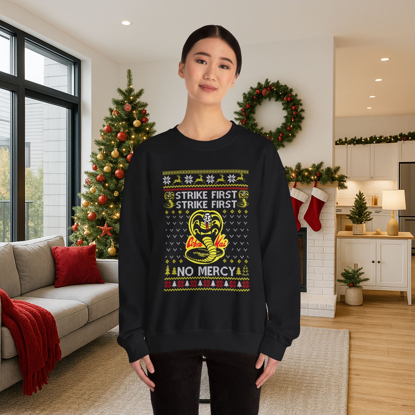 Cobra Kai Strike First Christmas Sweatshirt | No Mercy Ugly Christmas Sweater | Cobra Kai Dojo Holiday Top