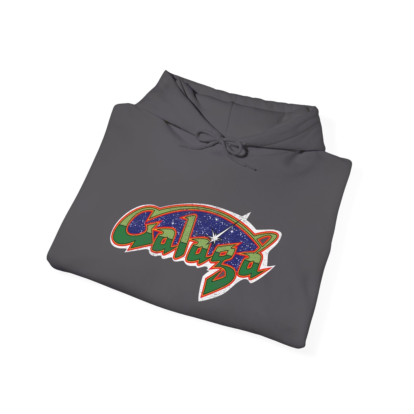 Retro Galaxy Arcade Logo Hoodie | 80s Space Shooter Gamer Sweatshirt | Aged and Worn Design | Unisex Pullover
