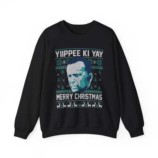 Yippee Ki Yay Merry Christmas Sweatshirt | Die Hard Inspired Ugly Christmas Sweater | Retro Action Movie Crewneck