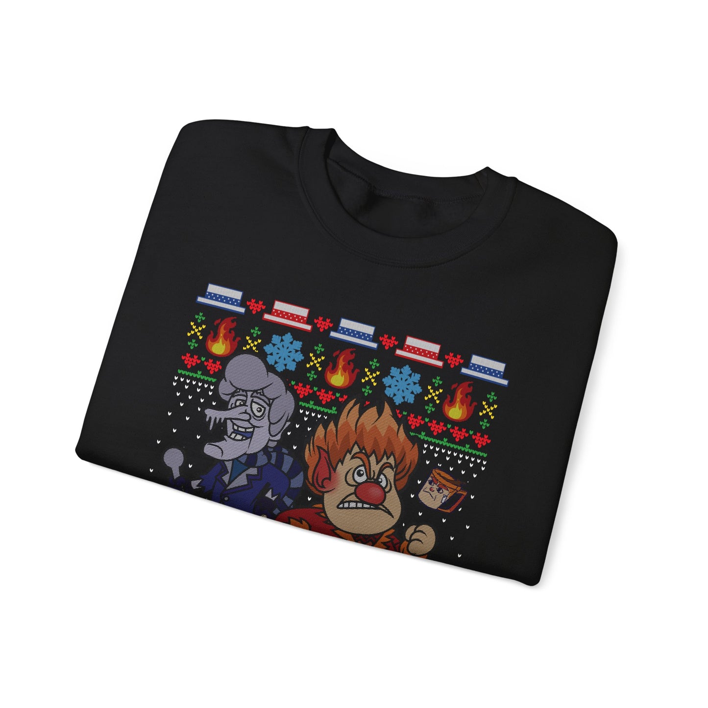 Fire & Snow Holiday Mischief Ugly Christmas Sweatshirt | Retro 70s Holiday Special Inspired Sweater | Geeky Christmas Unisex Crewneck