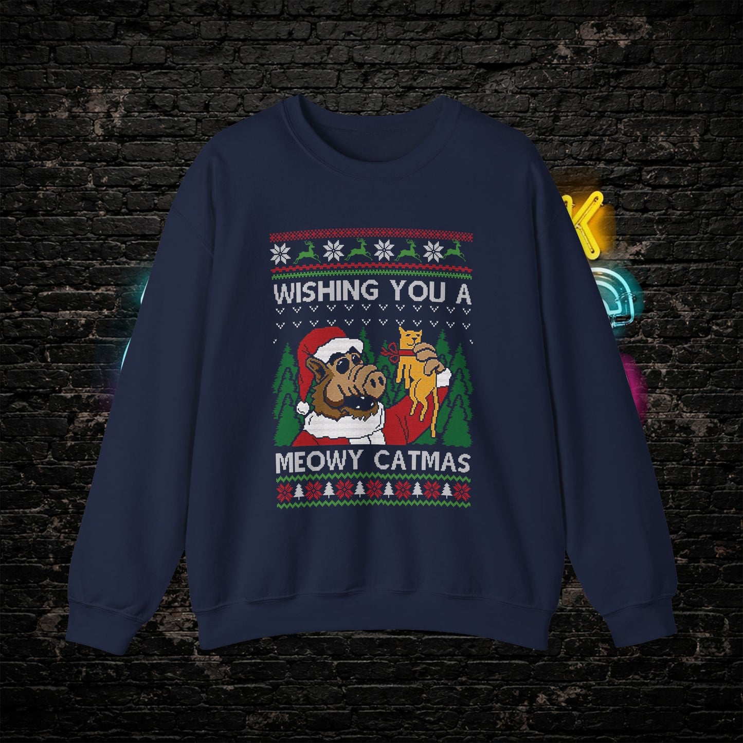 ALF Meowy Catmas Ugly Christmas Sweatshirt | 80s Alien Sitcom Cat Lover Sweater | Retro TV Fan Art