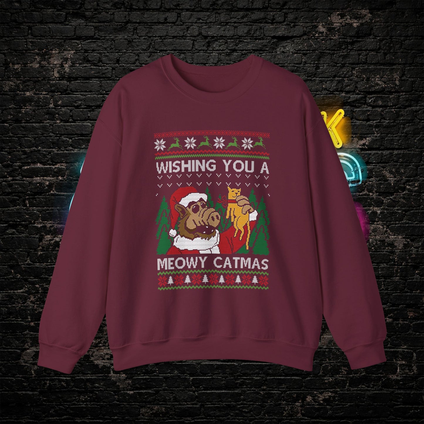ALF Meowy Catmas Ugly Christmas Sweatshirt | 80s Alien Sitcom Cat Lover Sweater | Retro TV Fan Art