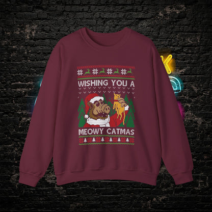 ALF Meowy Catmas Ugly Christmas Sweatshirt | 80s Alien Sitcom Cat Lover Sweater | Retro TV Fan Art