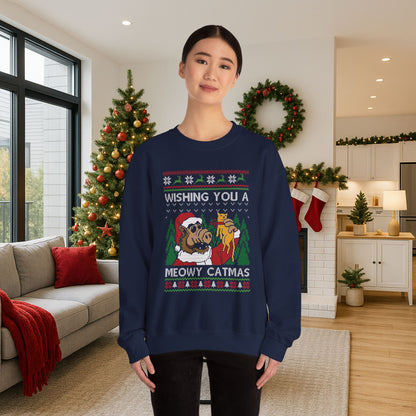 ALF Meowy Catmas Ugly Christmas Sweatshirt | 80s Alien Sitcom Cat Lover Sweater | Retro TV Fan Art
