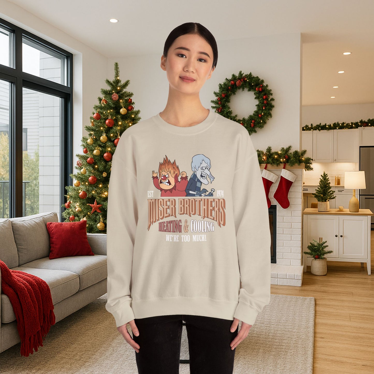 Miser Brothers Heating and Cooling Sweatshirt | Two-Tone Logo | Heat Miser and Snow Miser Christmas Crewneck