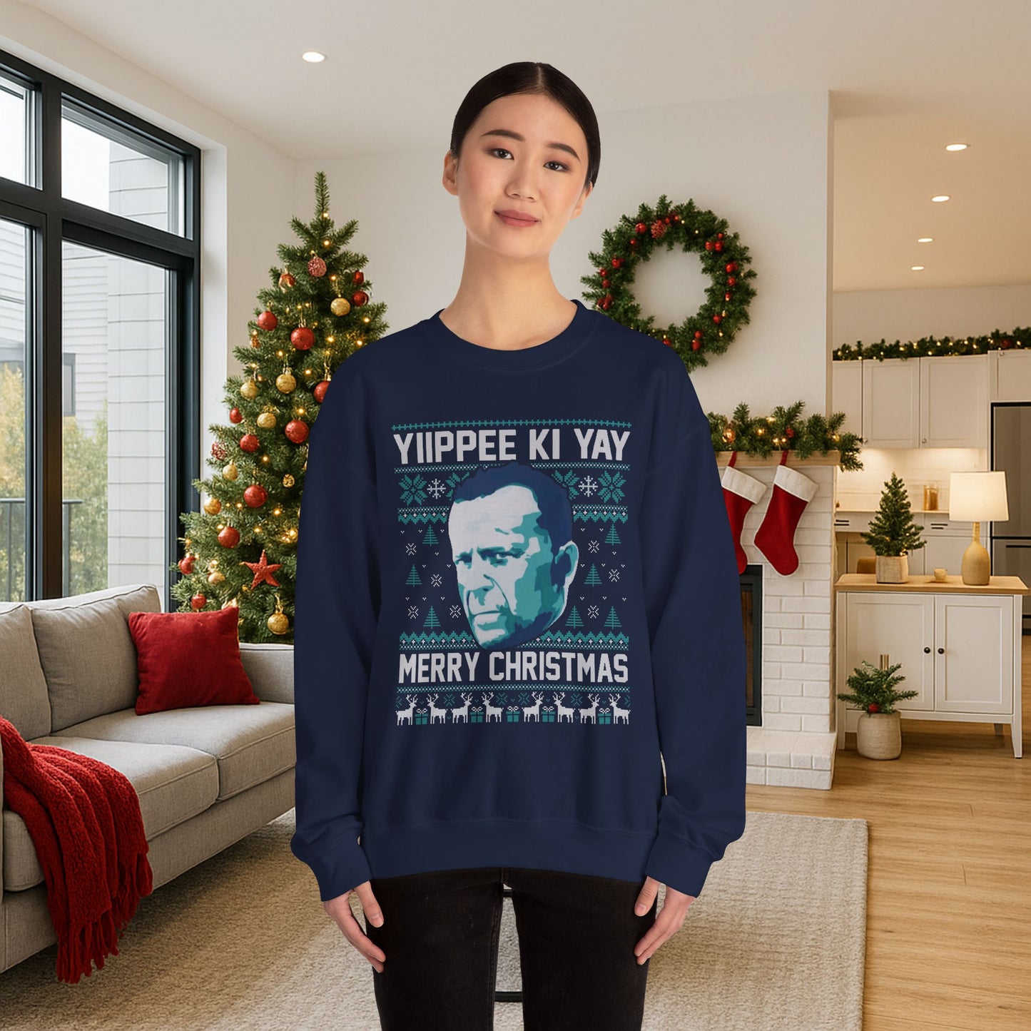 Yippee Ki Yay Merry Christmas Sweatshirt | Die Hard Inspired Ugly Christmas Sweater | Retro Action Movie Crewneck