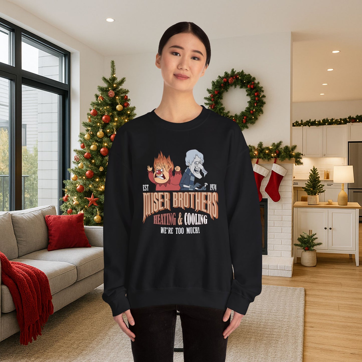 Miser Brothers Heating and Cooling Sweatshirt | Two-Tone Logo | Heat Miser and Snow Miser Christmas Crewneck