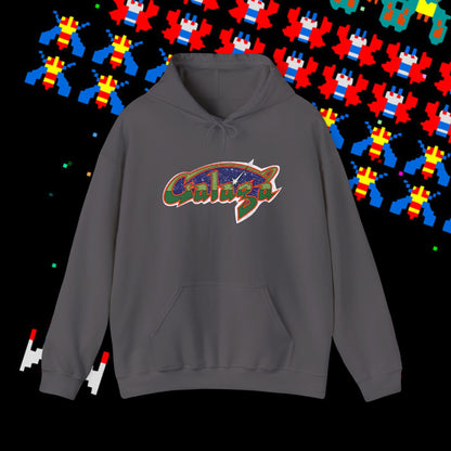 Retro Galaxy Arcade Logo Hoodie | 80s Space Shooter Gamer Sweatshirt | Aged and Worn Design | Unisex Pullover