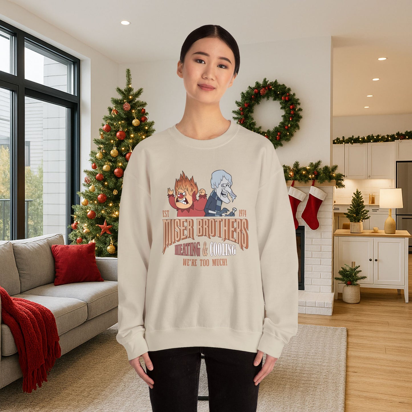 Miser Brothers Heating and Cooling Sweatshirt | Vintage Logo | Heat Miser and Snow Miser Retro Christmas Crewneck