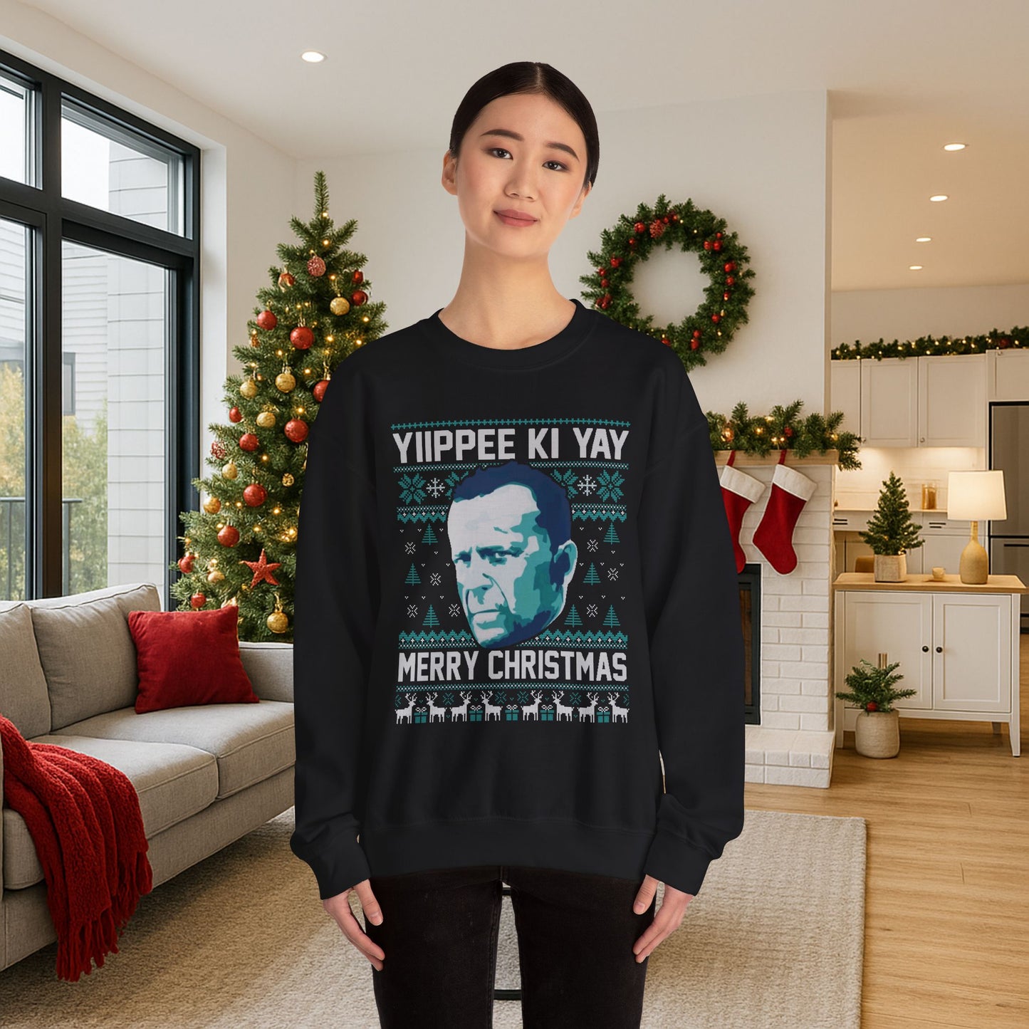 Yippee Ki Yay Merry Christmas Sweatshirt | Die Hard Inspired Ugly Christmas Sweater | Retro Action Movie Crewneck