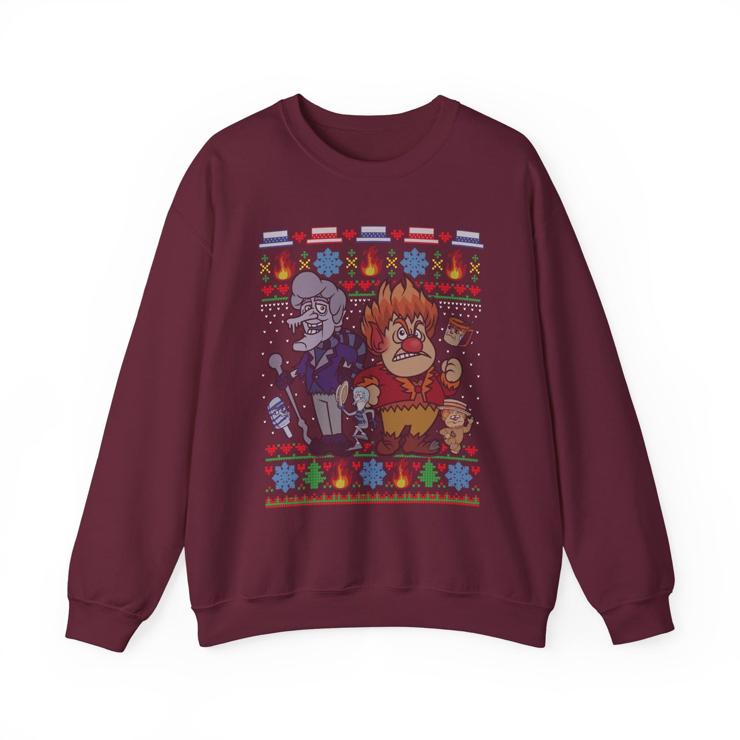 Fire & Snow Holiday Mischief Ugly Christmas Sweatshirt | Retro 70s Holiday Special Inspired Sweater | Geeky Christmas Unisex Crewneck