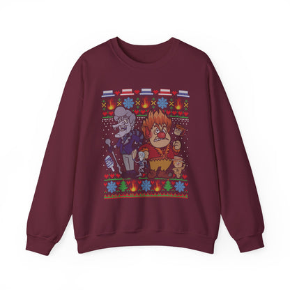 Fire & Snow Holiday Mischief Ugly Christmas Sweatshirt | Retro 70s Holiday Special Inspired Sweater | Geeky Christmas Unisex Crewneck