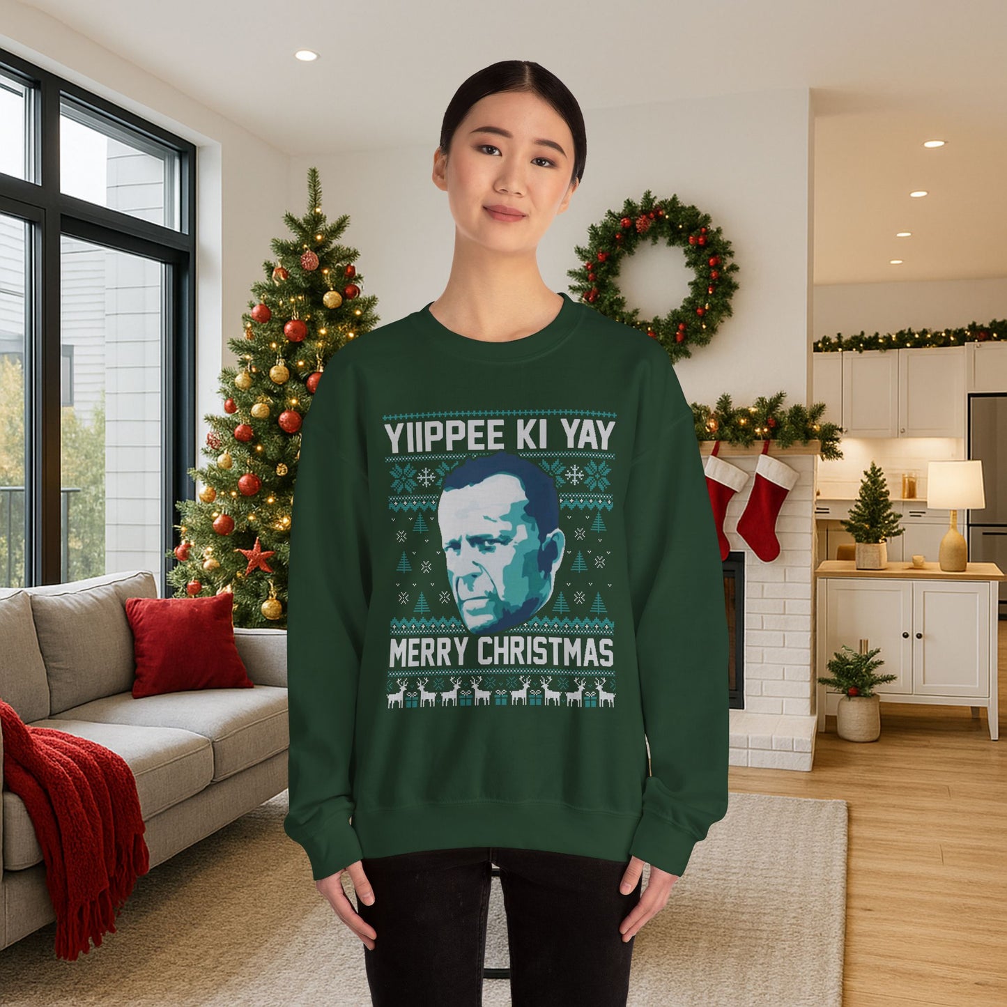 Yippee Ki Yay Merry Christmas Sweatshirt | Die Hard Inspired Ugly Christmas Sweater | Retro Action Movie Crewneck