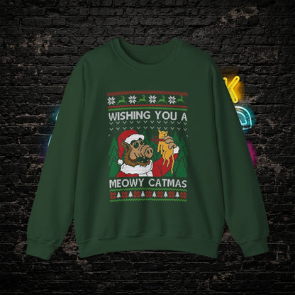 ALF Meowy Catmas Ugly Christmas Sweatshirt | 80s Alien Sitcom Cat Lover Sweater | Retro TV Fan Art