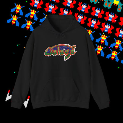 Retro Galaxy Arcade Logo Hoodie | 80s Space Shooter Gamer Sweatshirt | Aged and Worn Design | Unisex Pullover